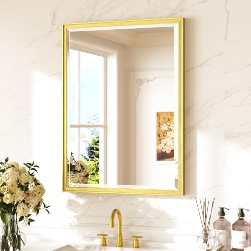 Keonjinn 24" x 32" Gold Bathroom Mirror, Secure French Cleat Installation