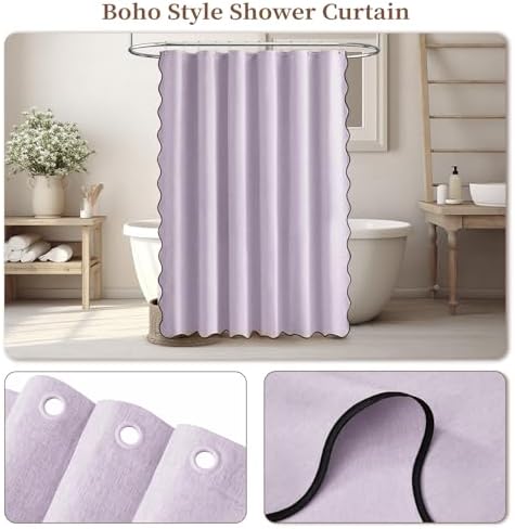 BTTN 72x78 Boho Scalloped Linen Textured Cloth Shower Curtain Set, Lavender