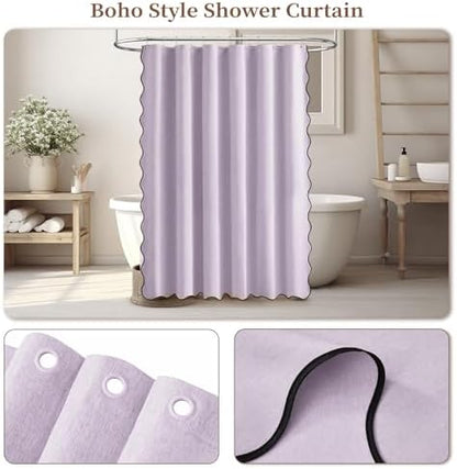 BTTN 72x78 Boho Scalloped Linen Textured Cloth Shower Curtain Set, Lavender