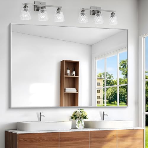 BONEWEI Silver Bathroom Mirror,60x40 inch Wall Mirror for Bathroom Wall Mounted,Large Rectangle Mirror for Bathroom Over Sink,Modern Metal Frame for Living Room,Bedroom Entryway,Horizontal/Vertical