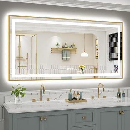 72x36 Inch LED Bathroom Mirror with Gold Frame, Backlit & Front Lit
