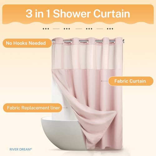 River Dream Waffle No Hook Shower Curtain with Liner,Light Pink,71x74