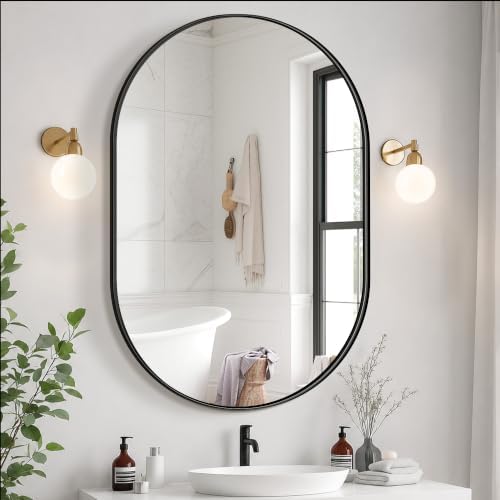 Delma 40x28 Black Oval Bathroom Mirror for Over Sink, Aluminum Frame