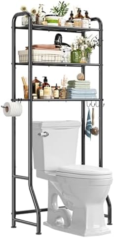 Simple Trending Over The Toilet Storage Rack, Metal 3 Tier Bathroom Organizer Shelf with Paper Holder and 3 Hooks, Freestanding Shelf Space Saver Above Toilet,Black