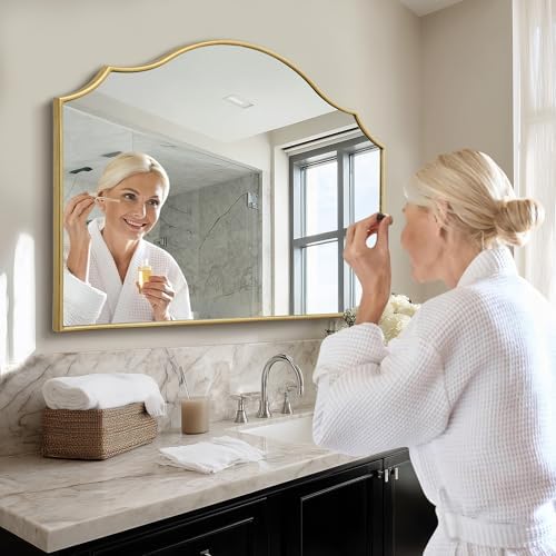 Besdomus Gold Scalloped Wall Mirror: 40"x29" Large Wooden Bathroom Mirror
