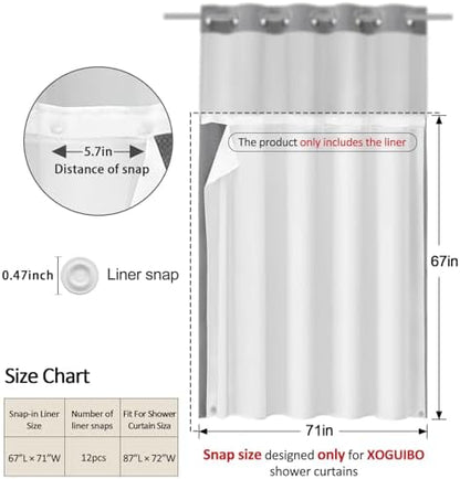 No Hook Shower Curtain Snap-in Fabric Replacement Liner 71" W x 67" L