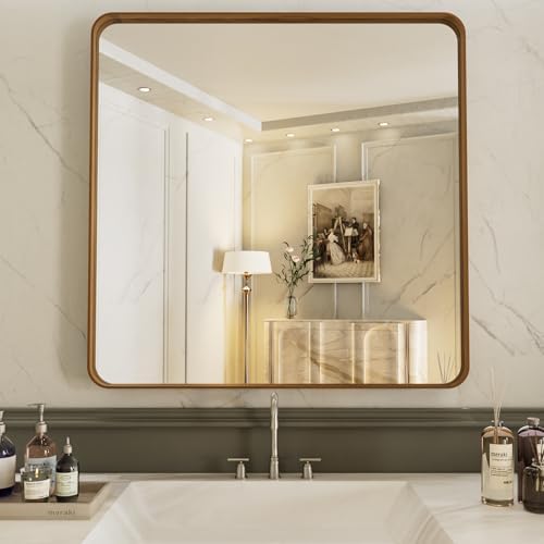 LOAAO 30X30 Bathroom Mirror, Wood Grain Colored Metal Frame