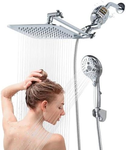 8'' Dual 20 Stage Filtered Shower Head with Handheld, 6 Spray Settings Handheld Shower Head High Pressure Rainfall Filter Combo with 12'' Adjustable Extension Arm, 71'' Shower Hose (Chrome Polished)