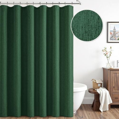 ANRODUO Dark Green Linen Textured Fabric Shower Curtain Set - W72xL84