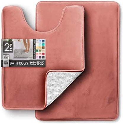 Clara Clark 2 Piece Bathroom Rugs, Velvet Memory Foam Bath Mat Set, Non-Slip Bath Rugs, Machine Wash, Dries Quickly, Ultra Soft Plush Bath Mats for Bathroom, 20 x 32 + Contour, Misty Rose