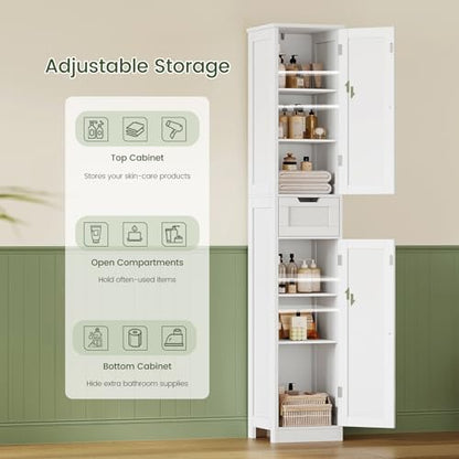 Iwell Tall Bathroom Cabinet, Slim Narrow Bathroom Storage Cabinet with Adjustable Shelves, Storage Cabinets with 1 Drawer, for Bathroom, Living Room, Entryway, Kitchen, White