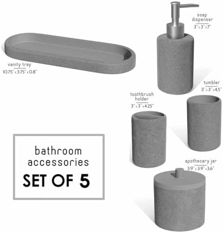 Clara Clark Bathroom Set - Grey Bathroom Accessories Set, 5PC Bathroom Accessory Set, Bathroom Sets with Soap Dispenser, Toothbrush Holder, Tumbler, Cotton Swab Jar & Vanity Tray