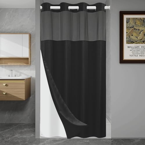 SORTTO No Hook Waffle Shower Curtain with Snap in Liner Set, 54x74, Black