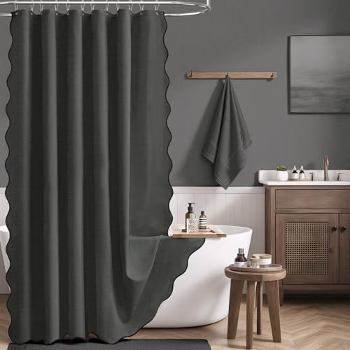 BTTN 72x90 Boho Scalloped Linen Textured Shower Curtain Set, Charcoal Grey