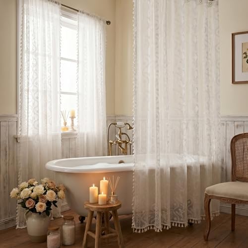 WAZZIO White Lace Shower Curtain - Vintage Pretty Flower Sheer Shower Curtains, Elegant Decorative Tassel Bath Curtains for Bathroom, 72 x 72 Inch, 1 Piece