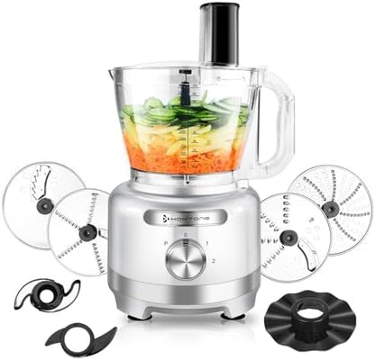 Homtone 16 Cups Food Processor, Large Food Chopper with French Fry Cutter, 9 Functions 7 Blades for Shredding, Slicing, Doughing for Home Use, 3 Speeds, 600W