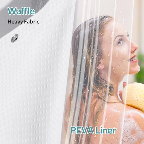 Vipfree 3 in 1 Shower Curtain Set, Waffle Shower Curtain and Liner Set with 6 Double Sided Shower Curtain Hooks, 258GSM Luxury Weighted Cloth Shower Curtain for Shower Stall, 36 W x 72 H, White