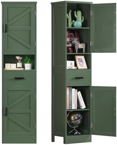 TEENFON 67" H Tall Bathroom Storage Cabinet with Barn Doors and Drawer