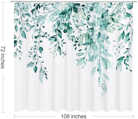 Gibelle Teal Eucalyptus Shower Curtain, Watercolor Floral Print, 108x72