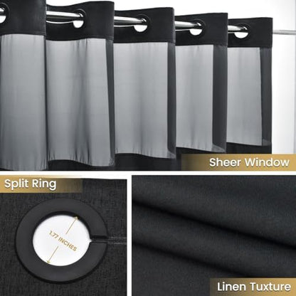 WONICY Stall No Hook Shower Curtain with Liner, Black, 54 x 80 Inch