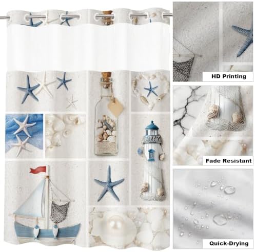 White Abstract Beach Theme No Hook Waffle Weave Shower Curtain with Snap in Liner Summer Ocean Coastal Nautical Modern Bathroom Decor Set 72 W x 74 H Inch Blue