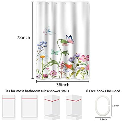 AWERT Small Half Size Stall Shower Curtain with 6 Hooks 36 inch Shower Stall Curtain 36 x 72 Butterfly Wildflowers for Bathroom/RV and Camper (Butterfly)