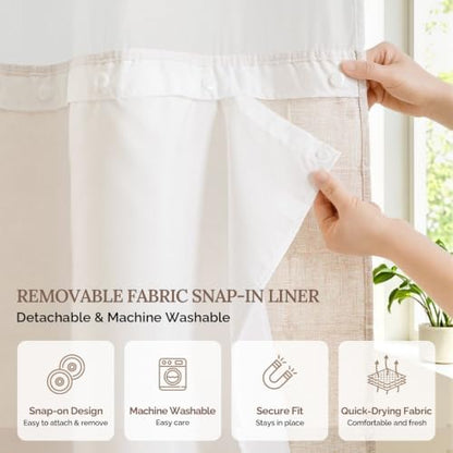 RiverDream Farmhouse No Hooks Shower Curtain with Snap-in Liner,Linen,71x98