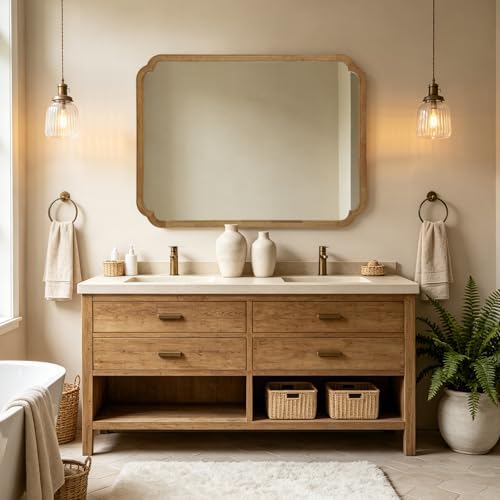 WallBeyond 36" x 48" Wood Bathroom Mirror for Wall Mounted, Rustic Rounded Corner Wood Frame Wall Mirror for Entryway, Living Room or Bedroom Home Decorative, Natural