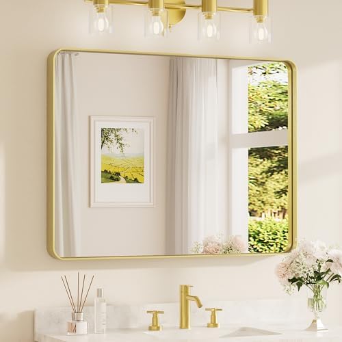 TETOTE 40 x 30 Inch Gold Bathroom Mirror, Brushed Brass Metal Frame Mirror for Vanity, Rectangle Wall Mounted Golden Modern Mirror (Horizontal/Vertical)