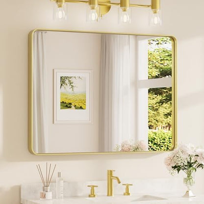 TETOTE 40 x 30 Inch Gold Bathroom Mirror, Brushed Brass Metal Frame Mirror for Vanity, Rectangle Wall Mounted Golden Modern Mirror (Horizontal/Vertical)