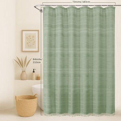OVZME Extra Long Boho Shower Curtain 84 Inch Long, Modern Farmhouse Heavy Duty Linen Textured Soft Fabric, Rustic Country Cloth Shower Curtain with Tassel for Bathroom Hotel, 72Wx84L, Light Green