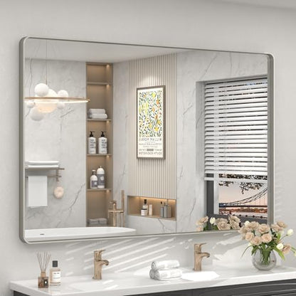 55x40 Inch Silver Brushed Nickel Bathroom Mirror for Wall