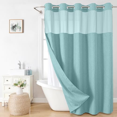 eachope No Hook Linen Texture Shower Curtain with Snap-in Liner,71x86 Teal
