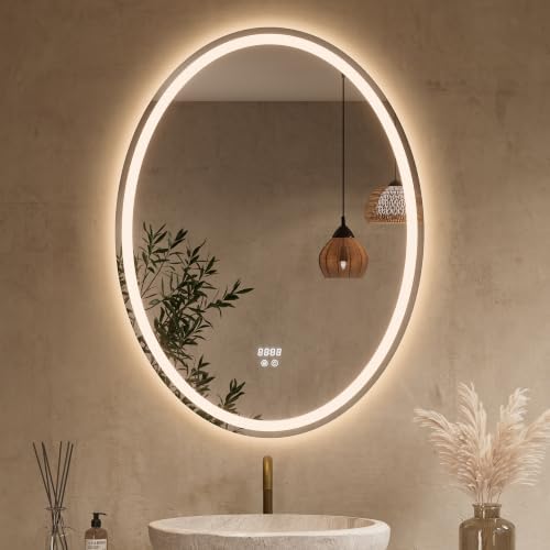 Keonjinn 40 x 30 Inch Oval LED Bathroom Mirror with Frontlit and Backlit