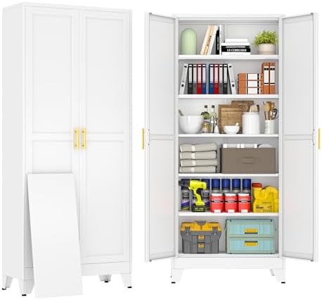 75" White Metal Storage Cabinet with 2 Doors and 5 Adjustable Shelves,Steel Garage Tool Cabinet, File Cabinet,Kitchen Pantry Cabinet for Home,Office,Garage,School,Warehouse