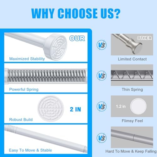 TEECK 2 Pack Shower Curtain Rod, 32-43 inch Adjustable Spring Tension Curtain Rod, Never Rust Anti-Slip Shower Curtain Rod for Bathroom, No Drilling, Never Collapse, Easy to Use, White