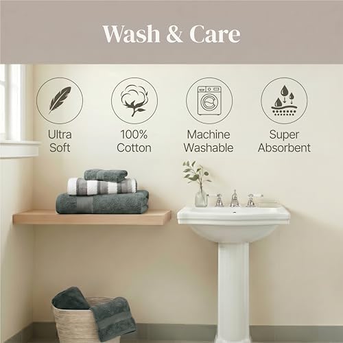 Modern Threads 6 Piece Bath Towel Set – Bathroom Towel Set with 2 Bath Towels, 2 Hand Towels & 2 Washcloths – 100% Cotton, Soft & Absorbent – Wide Stripe (Green)