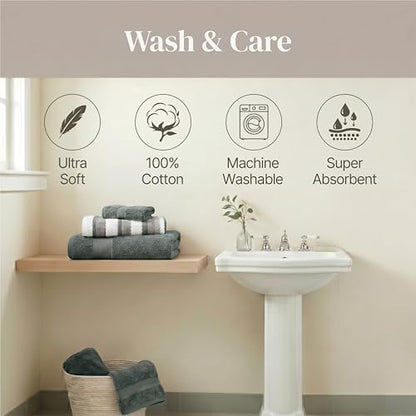 Modern Threads 6 Piece Bath Towel Set – Bathroom Towel Set with 2 Bath Towels, 2 Hand Towels & 2 Washcloths – 100% Cotton, Soft & Absorbent – Wide Stripe (Green)