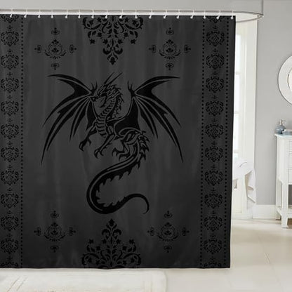 Feelyou Dragon Shower Curtain Kids Boys Teens Gothic Damask Paisley Floral Bathroom Waterproof Accessories with 12 Hooks 72x84 Inches Women Bohemian Exotic Animal Theme Room Decor,Grey Black