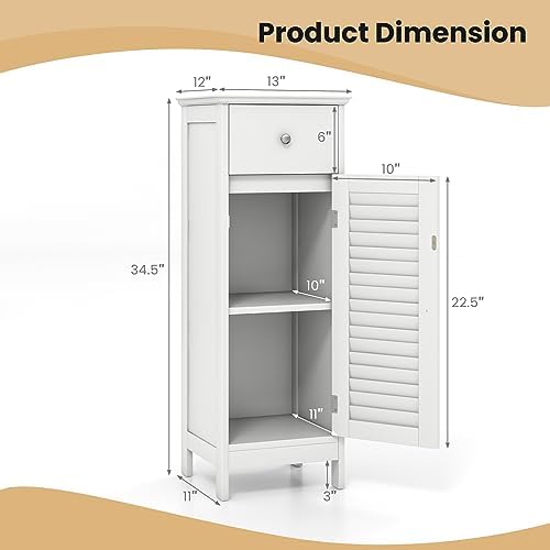 GIANTEX Bathroom Floor Storage Cabinet with Louvered Door and Drawer, White