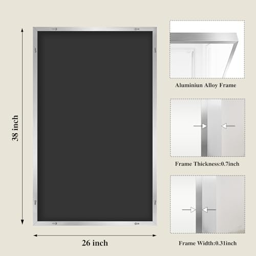 Koonmi Silver Rectangle Wall Mirror, 26x38 Inch Bathroom Mirror, Aluminum Frame Vanity Mirror for Entryway, Living Room, Bedroom Bathroom, Hangs Horizontally or Vertically