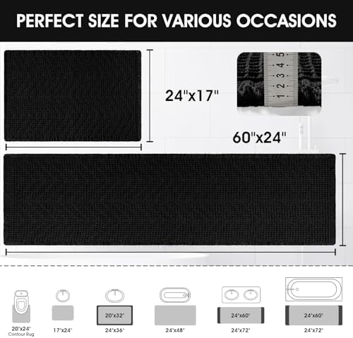 Upgraded Waffle Bath Mat Set 2 Piece Black-Herringbone, Super Absorbent Non-Slip Quick Dry Bathroom Rugs with Tassels, Machine Washable Ultra Soft Boho Bath Rugs, Toilet Mats Boho Farmhouse Decor