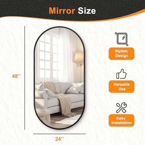 Delma 48x24 Black Oval Bathroom Mirror for Over Sink, Aluminum Frame