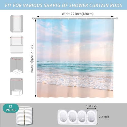 Ocean Beach Coastal Seaside Shower Curtain for Bathroom 72W*72H Inch Nautical Summer Seacoast Beachy Waves Bathtub Decor Seascape Neutral Waterproof Polyester Fabric Set with 12 Hooks