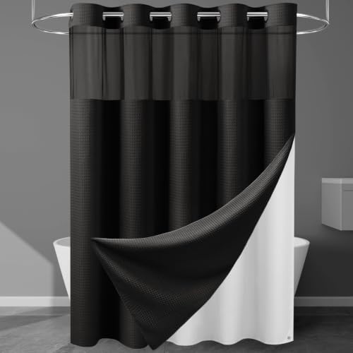 EUTXL 256GSM No Hook Waffle Weave Shower Curtain with Liner, 71x74, Black
