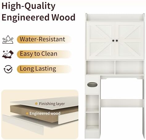 Vipbear Over The Toilet Storage Cabinet, 32.3” W Farmhouse Bathroom Storage Cabinet Above Toilet with Toilet Paper Holder and Barn Doors, Freestanding Restroom Organizer Space Saving Rack, White