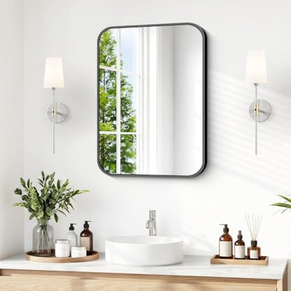 BONEWEI 16x20 inch Bathroom Mirror,Black Rectangle Mirror,Wall Mounted Bathroom Frame Vanity Mirror with Round Corner for Bedroom Living Room,Entryway Hangs Horizontal or Vertical