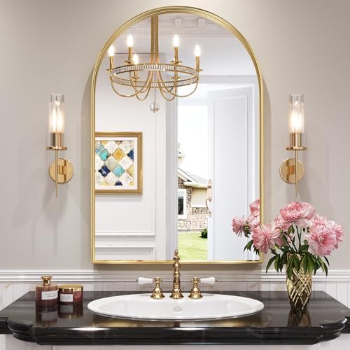 Brightify Arched Mirror, Arched Wall Mirror, 28 x 40 Inch Gold Arch Mirror, Metal Frame Gold Bathroom Mirror, Arched Top Bathroom Vanity Mirror for Living Room Bedroom Mantel Entryway Hallways