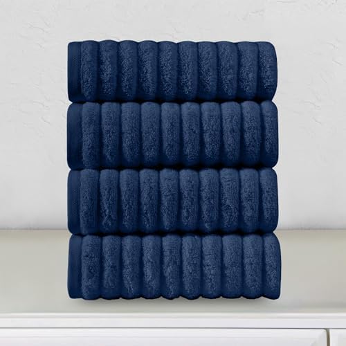 Elegant Comfort Luxury 100% Turkish Cotton Corduroy Ribbed 4 Pack Hand Towel Set 16 x 28 Inch - Absorbent, Super Soft, Quick Dry, Premium Towels for Bathroom, Gym, Spa and Hotel Use, Navy