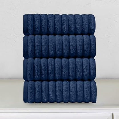 Elegant Comfort Luxury 100% Turkish Cotton Corduroy Ribbed 4 Pack Hand Towel Set 16 x 28 Inch - Absorbent, Super Soft, Quick Dry, Premium Towels for Bathroom, Gym, Spa and Hotel Use, Navy